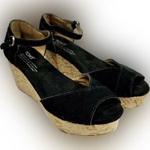 TOMS Black Suede Cork Platform Wedge Strappy Sandals